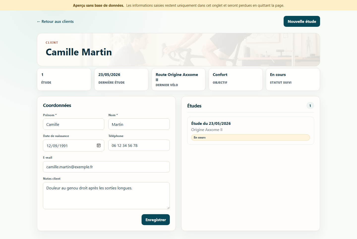 Fiche client dans Bike Fitter Studio